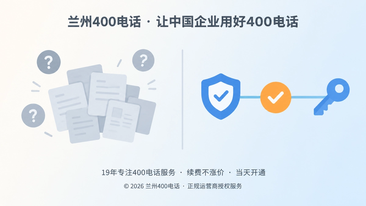 左侧散乱文件与问号、右侧盾牌钥匙连接线的对比式插画，表现400电话办理流程仿冒与可核验服务关系的差别